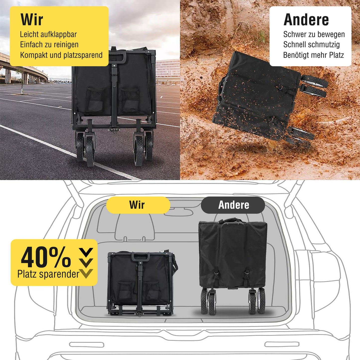 Faltbarer Bollerwagen mit Geländereifen 160L 150KG