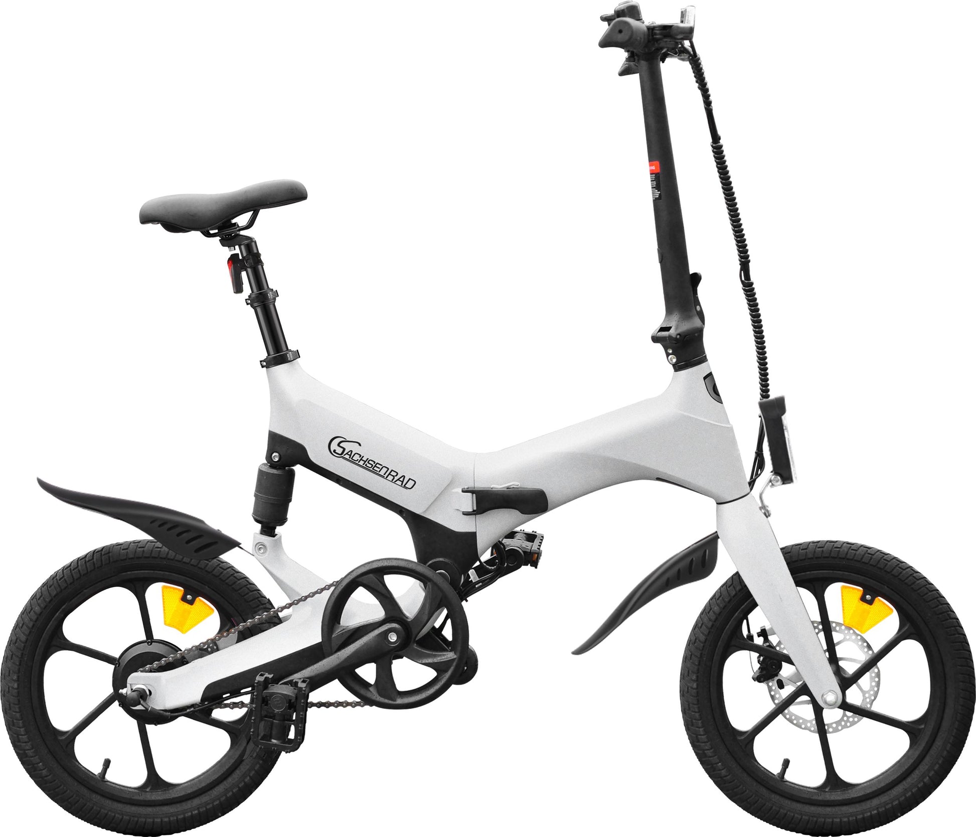 The SachsenRAD E-Bike folding bike F12 is a folding bike that is ideal as a city bike and can be easily transported on public transport. The 16 inch folding eBike