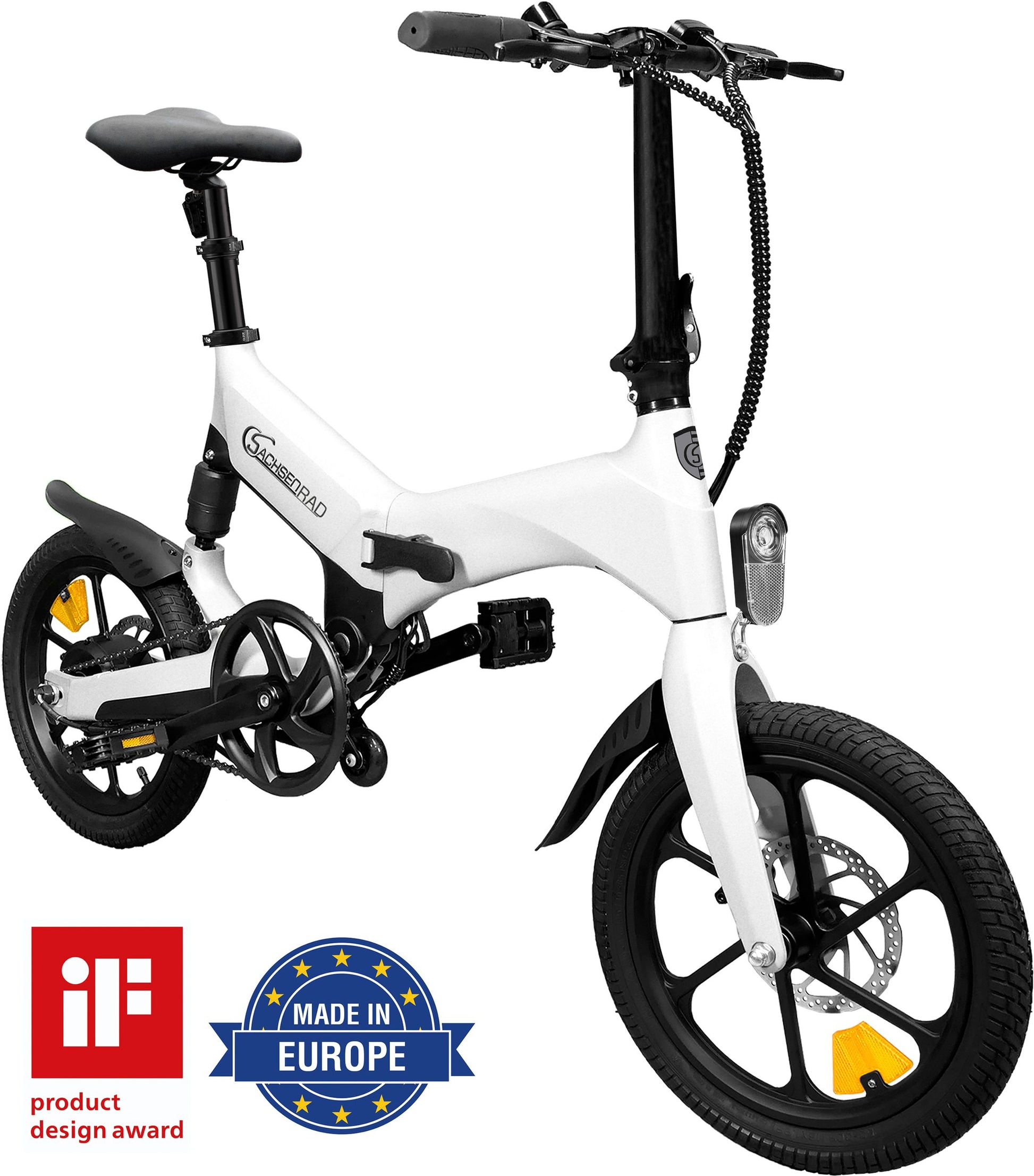 Das SachsenRAD E-Bike Faltrad F12 ist ein Klapprad, das sich ausgezeichnet als Citybike einsetzen und sich wunderbar im ÖPNV transportieren lässt. Das 16 Zoll Folding eBike