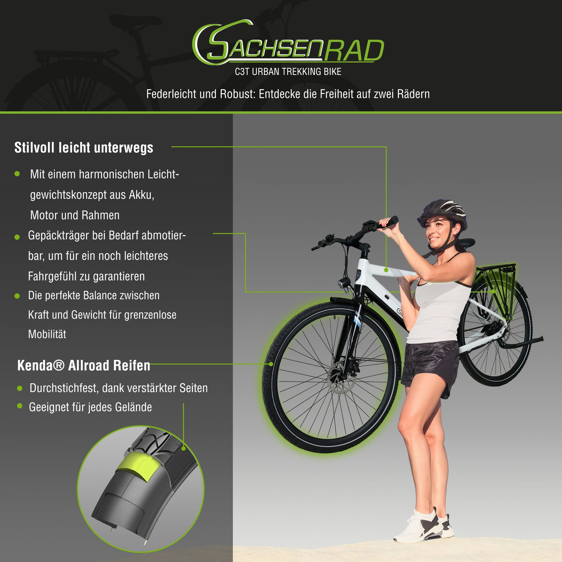 sachsenrad e bike c3t trekking The SachsenRAD CityBike C3T is a beautiful and lightweight e-bike for the city and for trekking tours with a low-maintenance belt drive. The 28-inch e -bike
