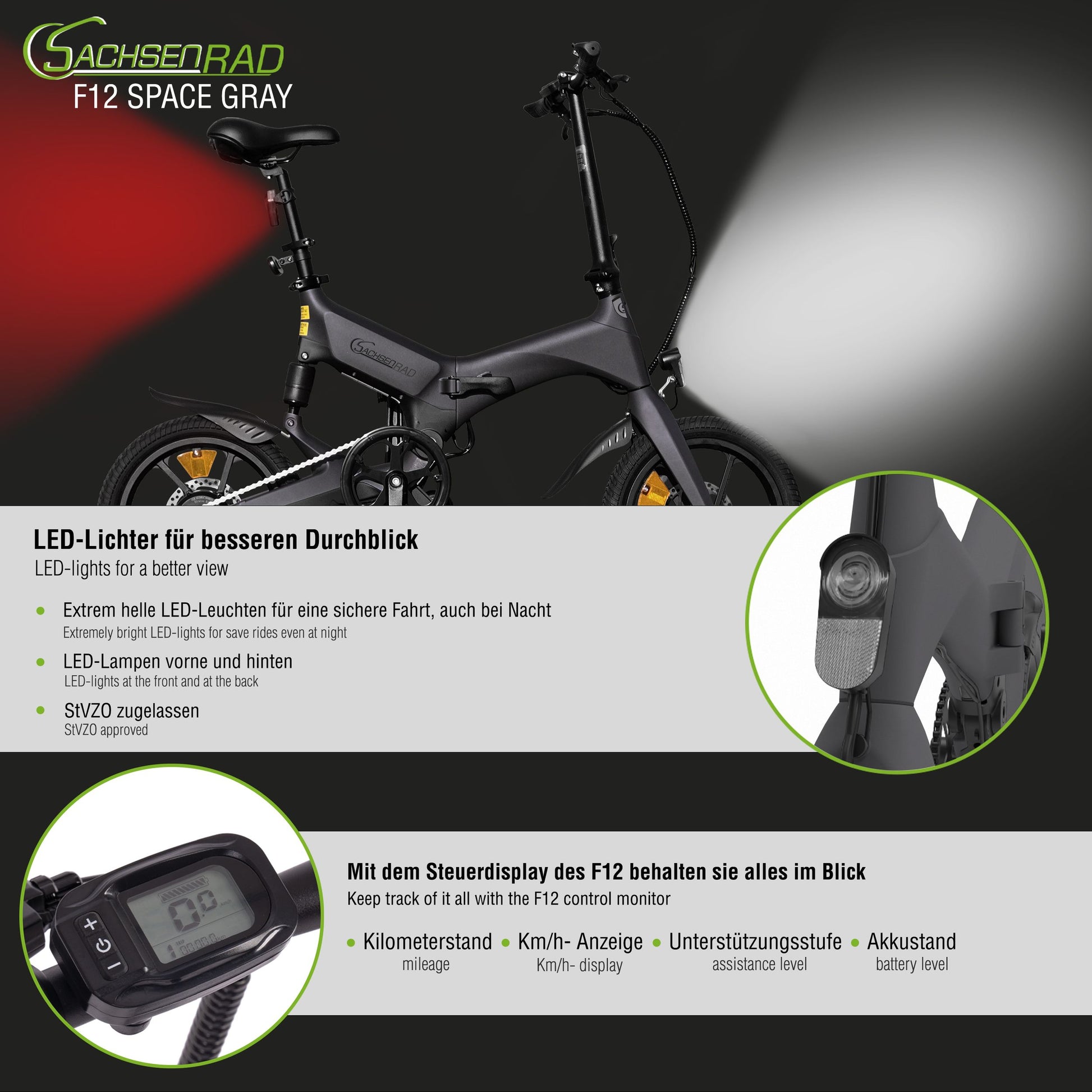 Das SachsenRAD E-Bike Faltrad F12 ist ein Klapprad, das sich ausgezeichnet als Citybike einsetzen und sich wunderbar im ÖPNV transportieren lässt. Das 16 Zoll Folding eBike