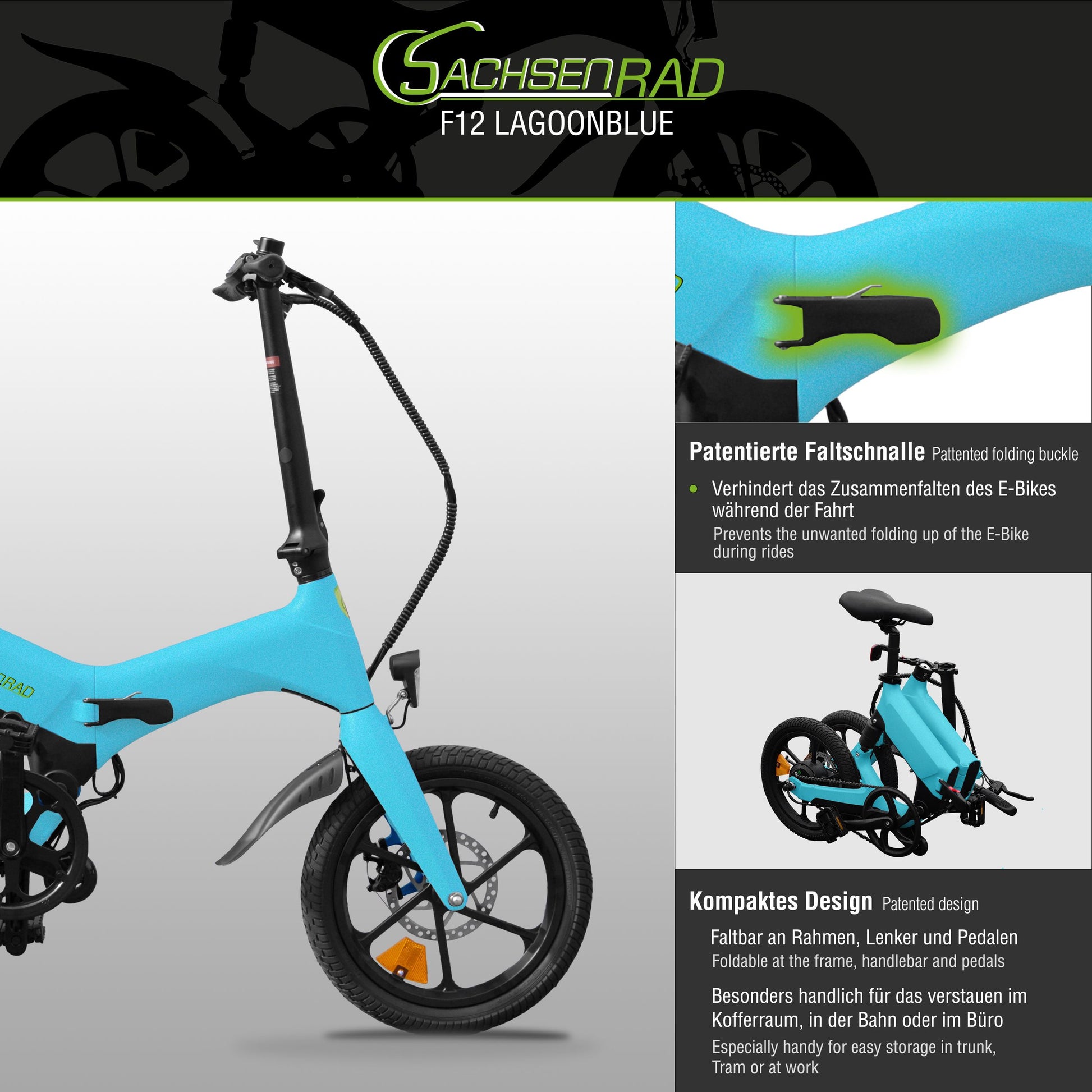 sachsenrad e bike klapprad Das SachsenRAD E-Bike Faltrad F12 ist ein Klapprad, das sich ausgezeichnet als Citybike einsetzen und sich wunderbar im ÖPNV transportieren lässt. Das 16 Zoll Folding eBike